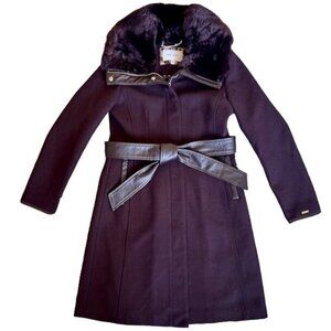 Nine West Women's Purple Wool Blend Long Coat With Faux Fur Collar & Belt XS